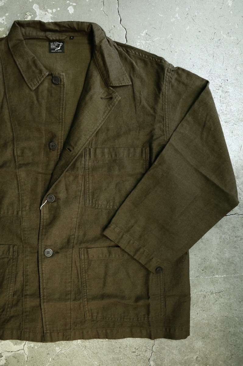 01-6061 COTTON LINEN MOLESKIN RELAX FIT SIMPLE WORK JACKET (52 Coffee Brown)